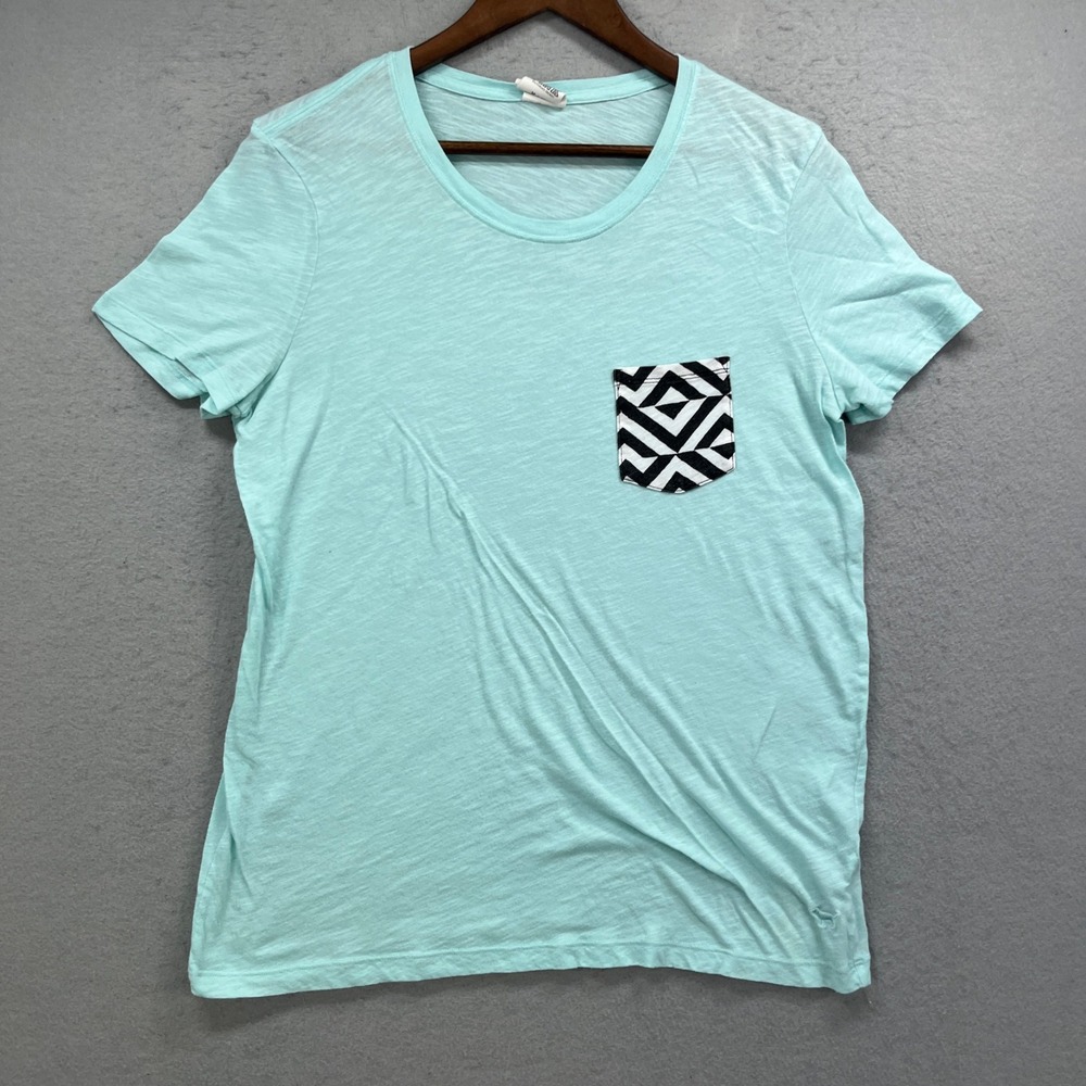 PINK Victorias Secret Pocket Tee Womens M Teal Blue Geometric Slub T Shirt